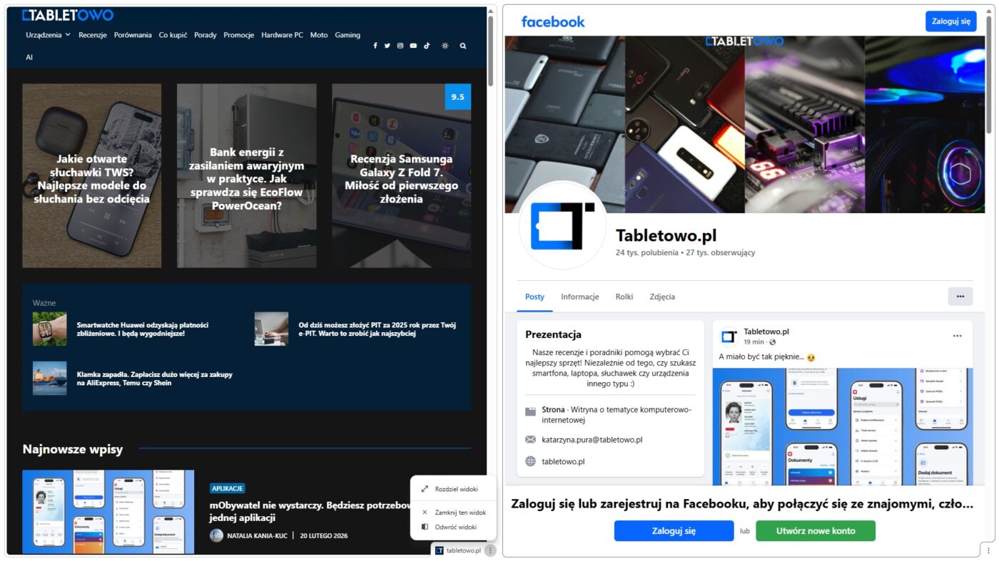 widok dzielony split screen w przeglądarce google chrome źródło tabletowo.pl