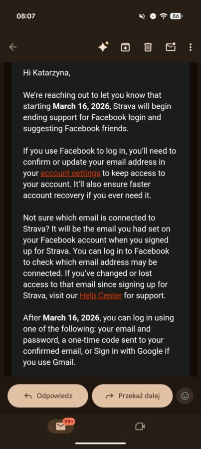 Strava wiadomość dotycząca logowania się przez Facebooka