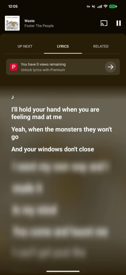 Teksty w aplikacji YouTube Music