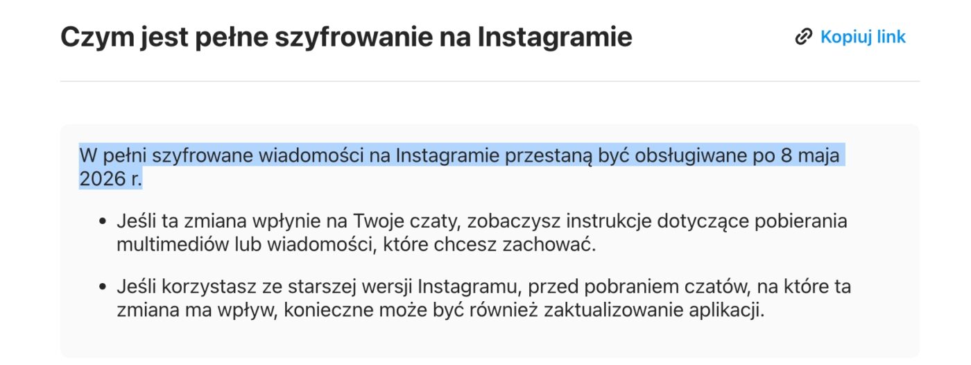 Instagram koniec pełnego szyfrowania wiadomości