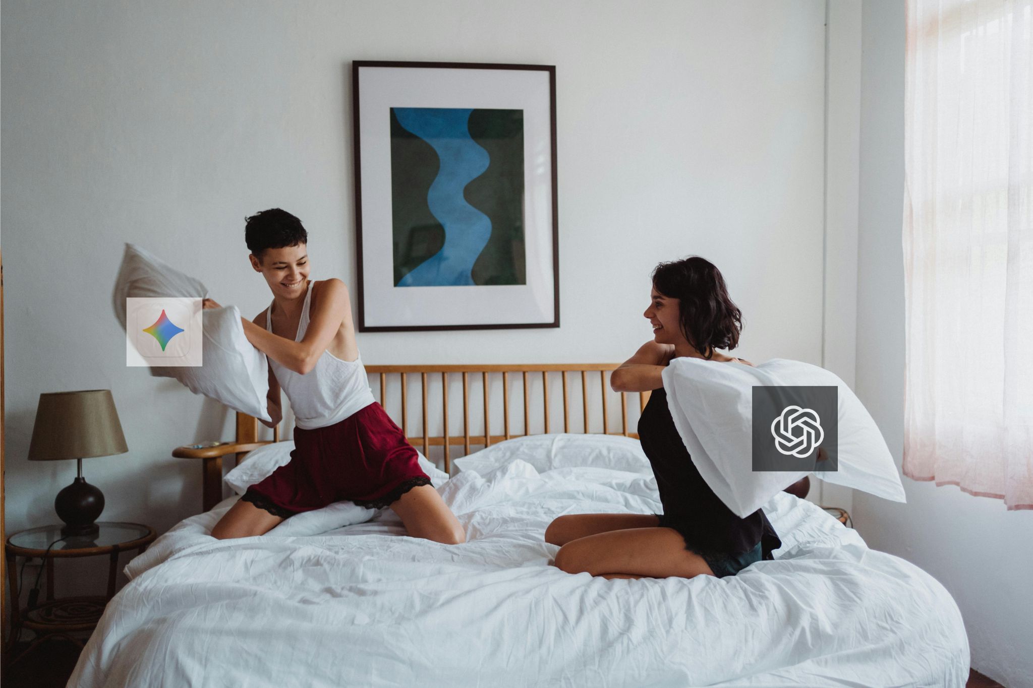 logo gemini, google, chatgpt, openai, bitwa na poduszki