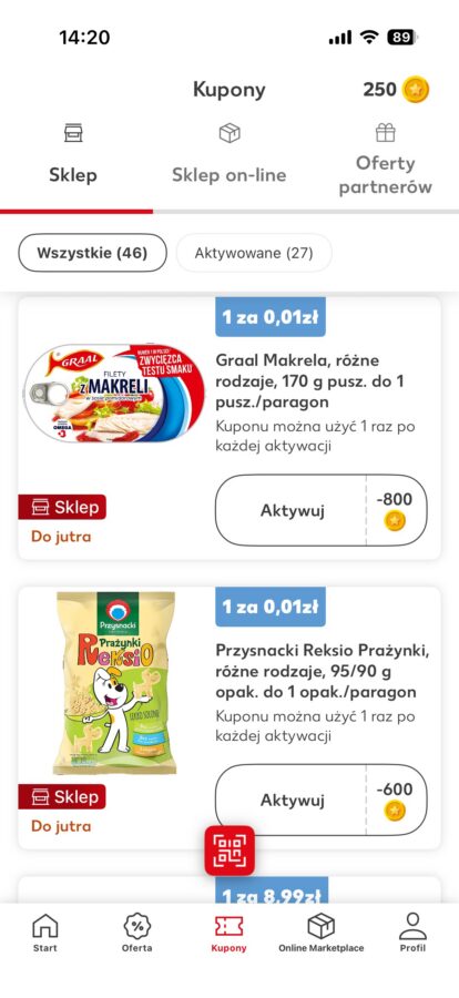 kupon w aplikacji kaufland, po aktywacji którego - za określoną liczbę punktów - można kupić wybrany produkt za 1 grosz