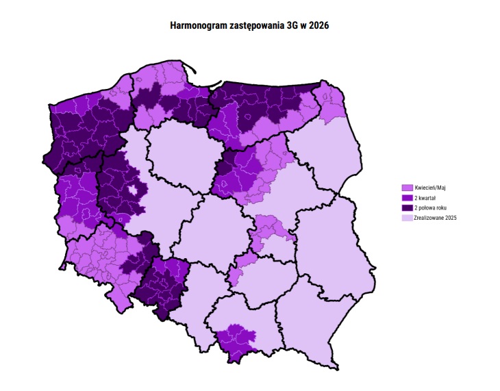 Mapa przedstawiająca harmonogram wyłączania sieci 3G w Play w 2026 roku