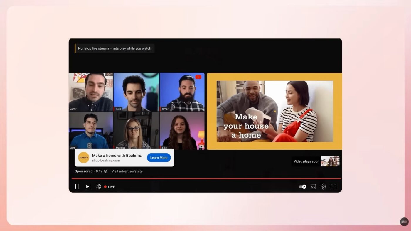 boczna reklama na youtube podczas transmisji na żywo