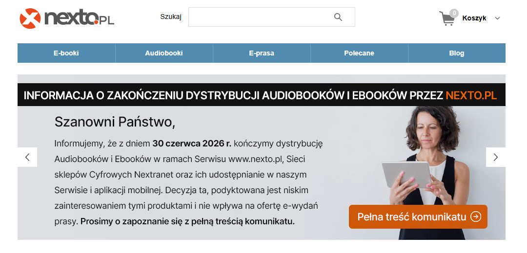 Komunikat o zakończeniu sprzedaży e-booków na Nexto