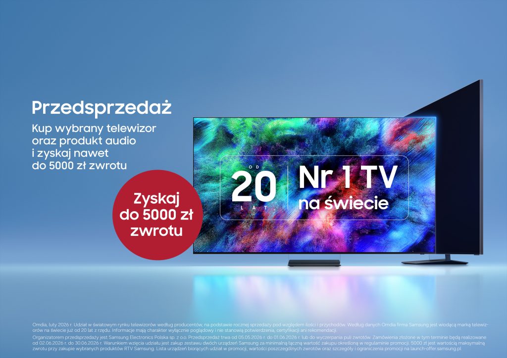 Promocja na najnowsze telewizory 2026 marki Samsung, kino domowe, zestaw telewizor z soundbarem lub głośnikiem