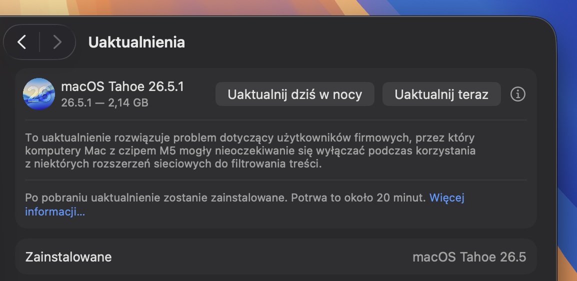 Aktualizacja macOS 26.5.1 Tahoe źródło tabletowo.pl