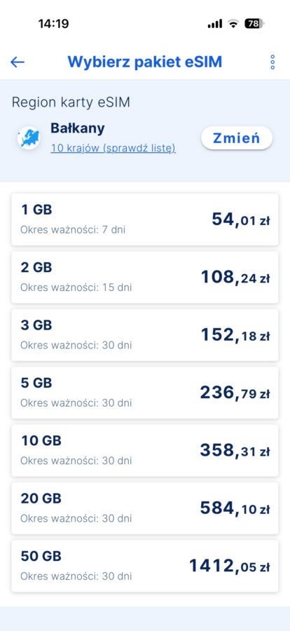 cennik eSIM w aplikacji banku Erste źródło tabletowo.pl