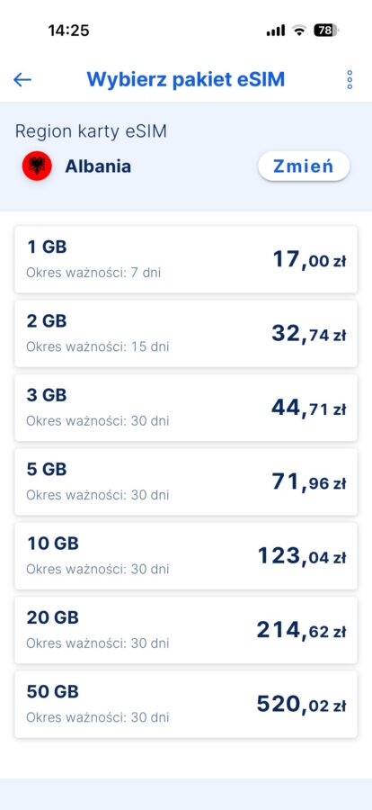 cennik eSIM w aplikacji banku Erste Albania źródło tabletowo.pl