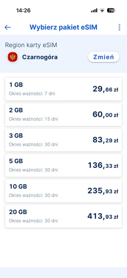 cennik eSIM w aplikacji banku Erste Czarnogóra źródło tabletowo.pl