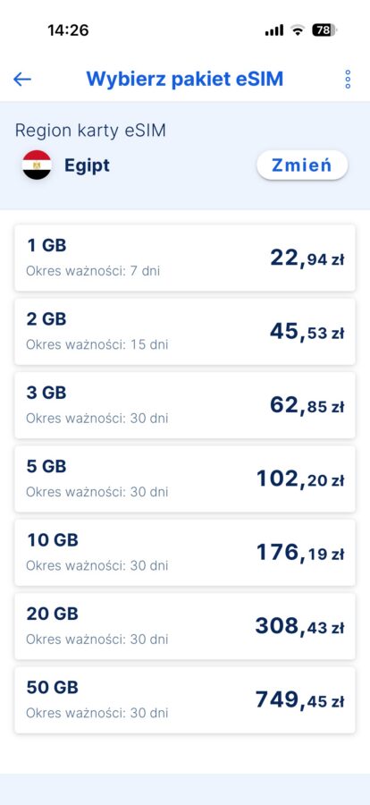 cennik eSIM w aplikacji banku Erste Egipt źródło tabletowo.pl