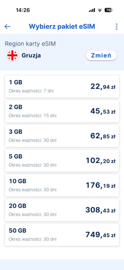 cennik eSIM w aplikacji banku Erste Gruzja źródło tabletowo.pl