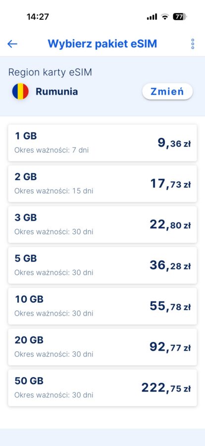 cennik eSIM w aplikacji banku Erste Rumunia źródło tabletowo.pl
