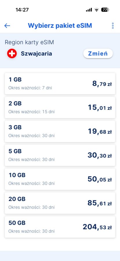 cennik eSIM w aplikacji banku Erste Szwajcaria źródło tabletowo.pl