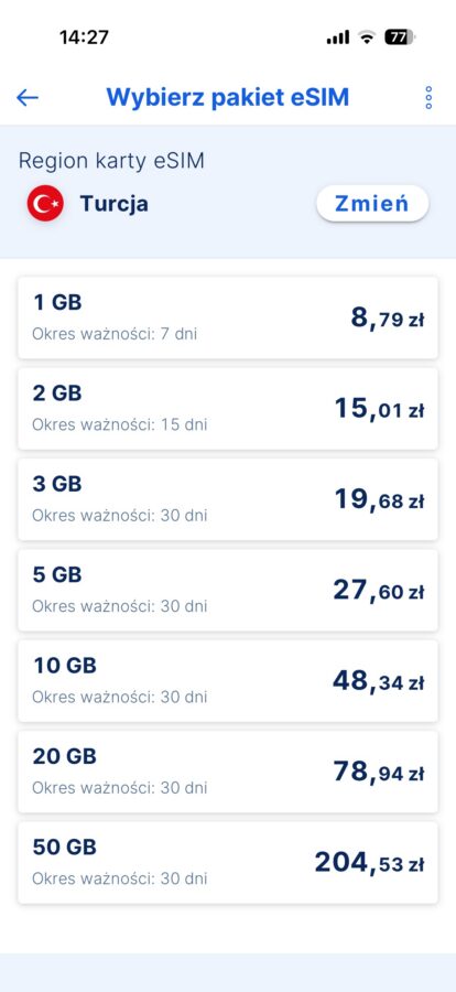 cennik eSIM w aplikacji banku Erste Turcja źródło tabletowo.pl