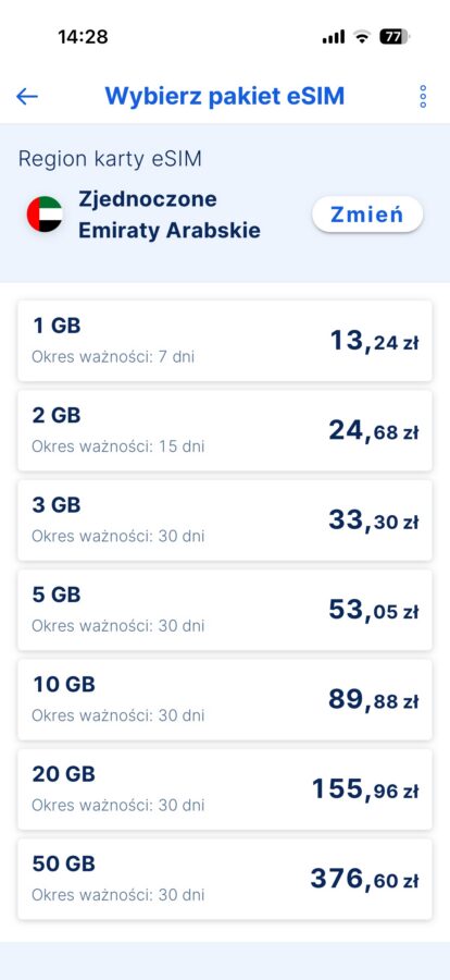 cennik eSIM w aplikacji banku Erste Zjednoczone Emiraty Arabskie źródło tabletowo.pl