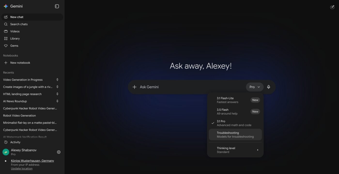 Gemini nowy tryb Troubleshooting