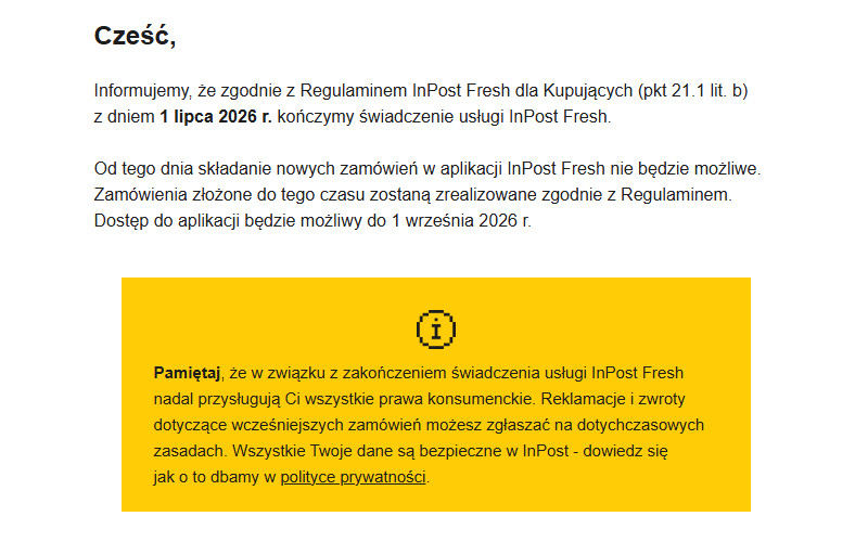 Komunikat o wyłączeniu usługi InPost Fresh