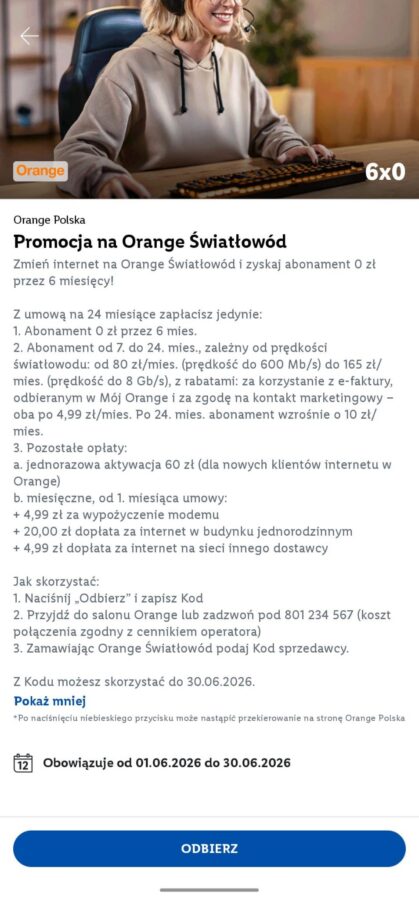 Internet za 0 złotych w Orange, kod rabatowy w aplikacji Lidl Plus