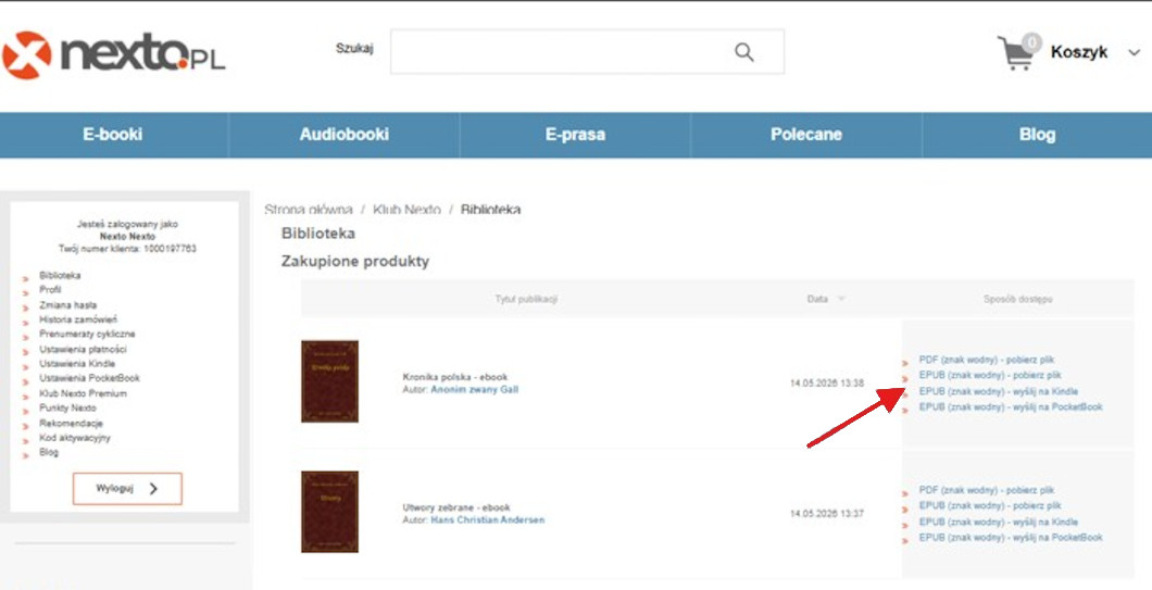 Instrukcja pobierania e-booków (źródło Nexto)