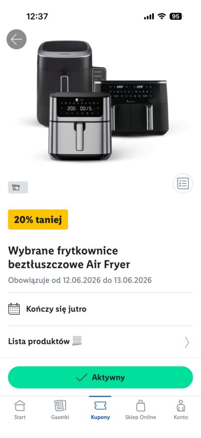Promocja na frytkownice beztłuszczowe w Lidlu 12 i 13 czerwca 2026 roku - kupon w aplikacji Lild Plus źródło tabletowo.pl