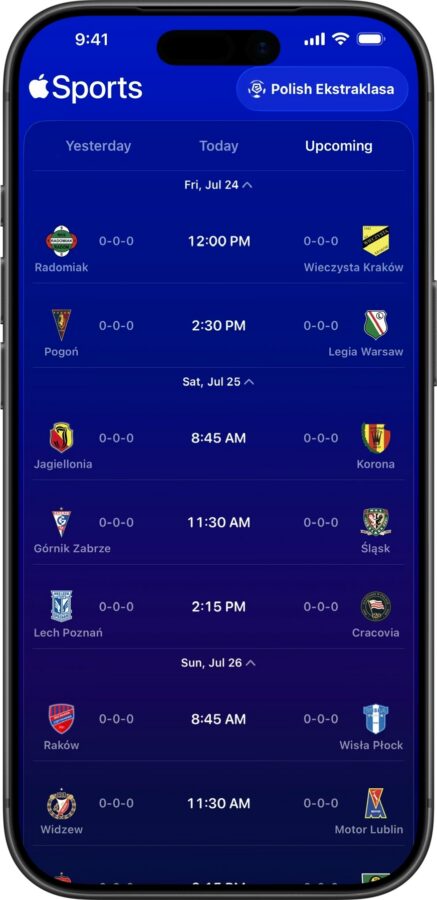Ekstraklasa w aplikacji Apple Sports