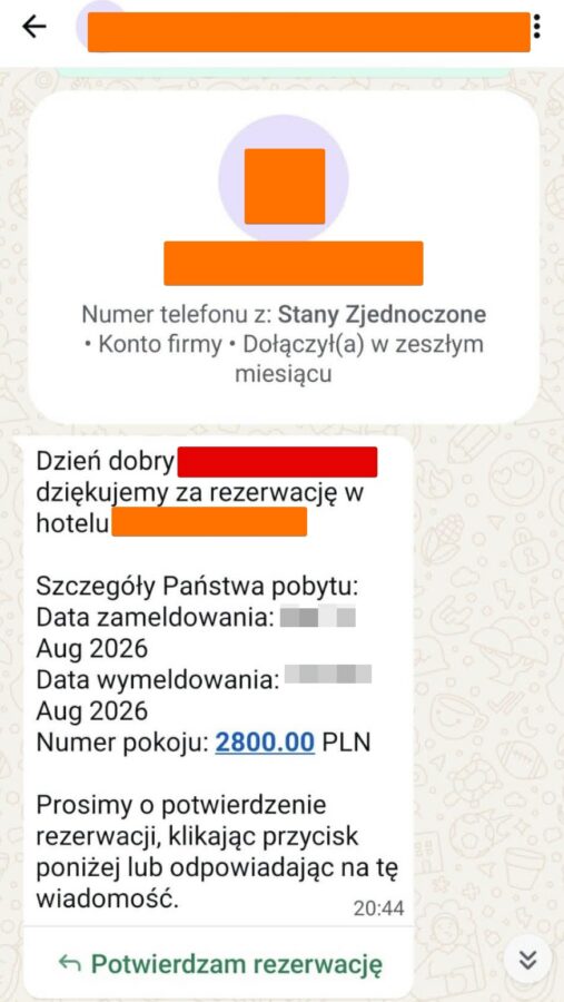 atak hakerski hotele w Polsce wiadomość WhatsApp