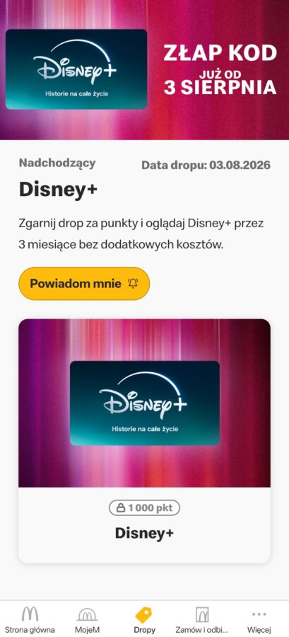 Od 3 sierpnia 2026 roku w aplikacji McDonald's będzie można zdobyć kod na dostęp do Disney+ za 0 złotych przez 3 miesiące źródło tabletowo.pl