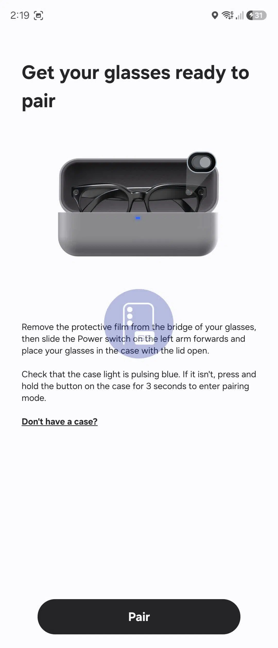 Screen z aplikacji Samsung Galaxy Glasses do zarządzania inteligentnymi okularami