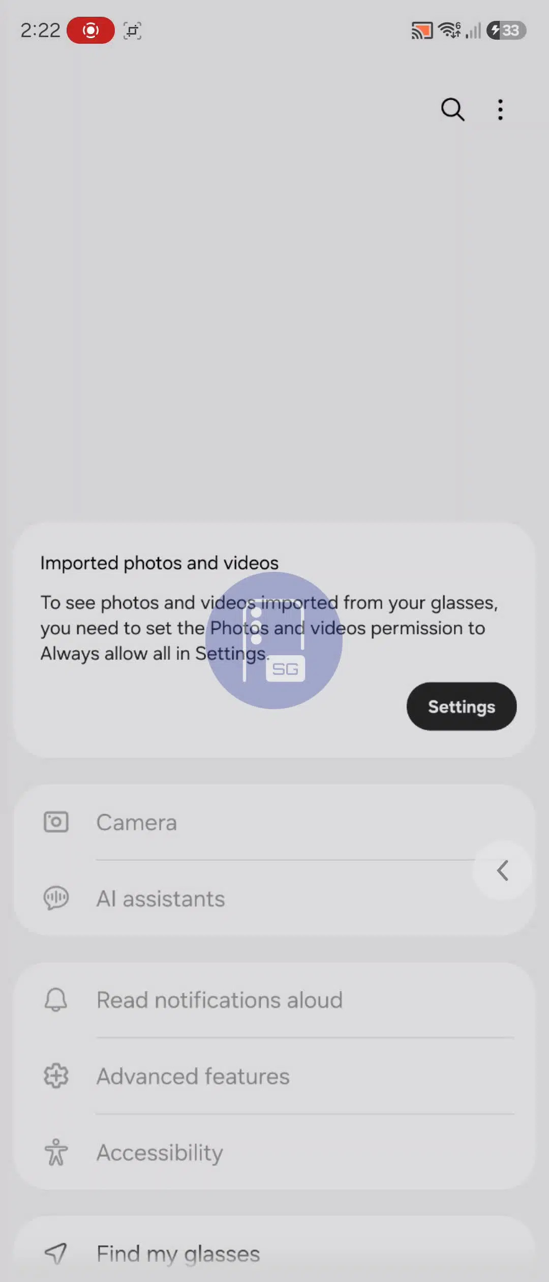 Screen z aplikacji Samsung Galaxy Glasses do zarządzania inteligentnymi okularami