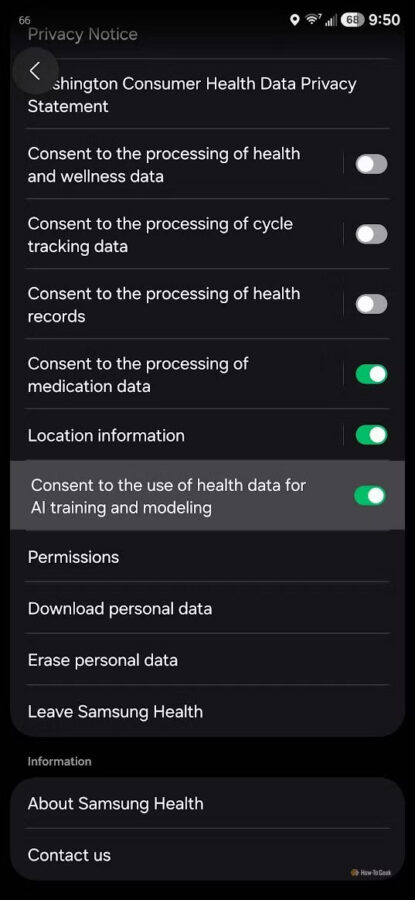Zgoda na wykorzystanie danych o zdrowiu do trenowania AI w Samsung Health (screen: How-To Geek)