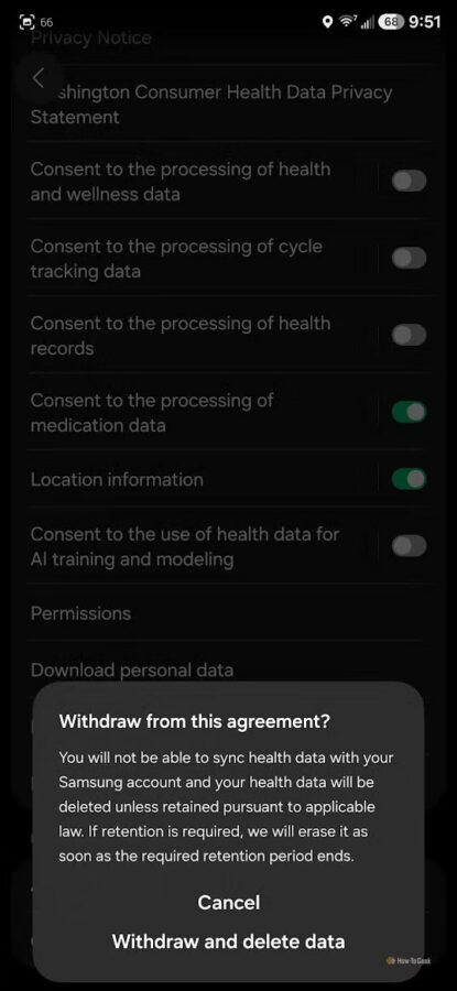 Zgoda na wykorzystanie danych o zdrowiu do trenowania AI w Samsung Health (screen: How-To Geek)