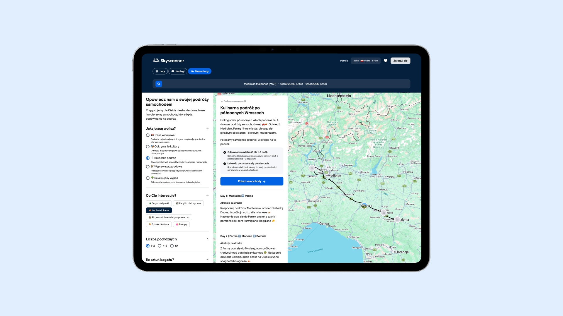 Skyscanner, nowe funkcje, lipiec 2026, planowanie podróży samochodem