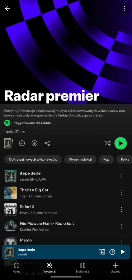 Spotify, Radar premier, nowe przyciski, 07.2026