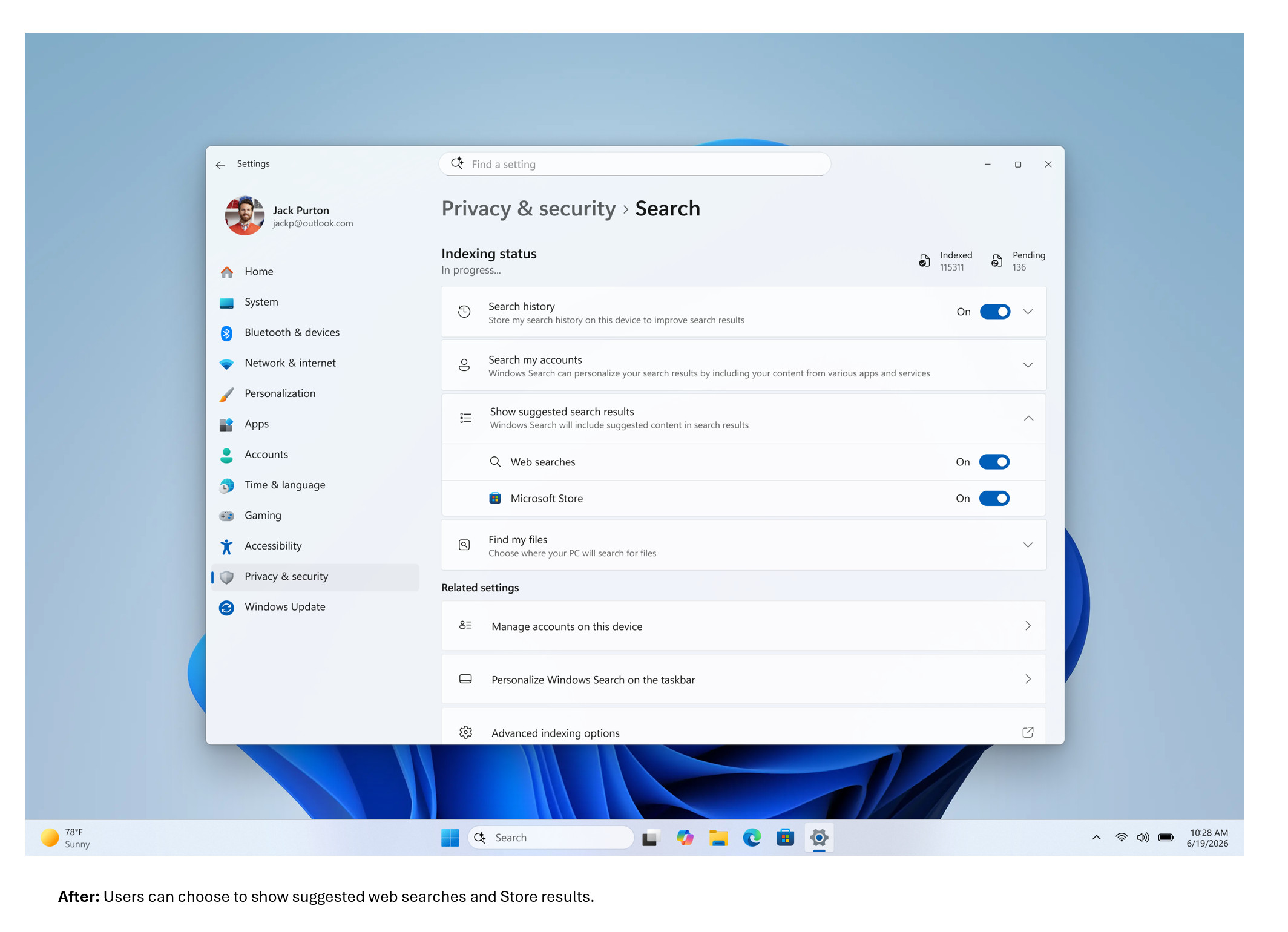 Ustawienia nowej wyszukiwarki w Windows 11