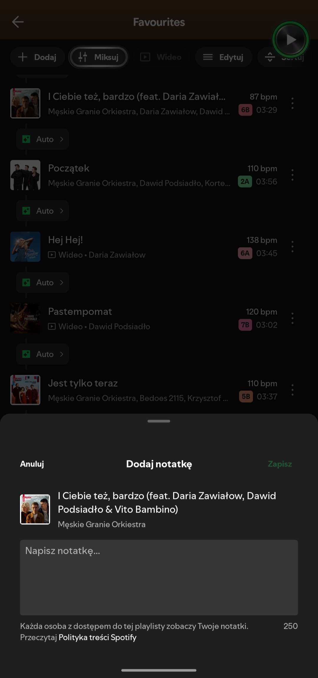 Funkcja Notatki w Spotify - jak dodać notatkę do utworu