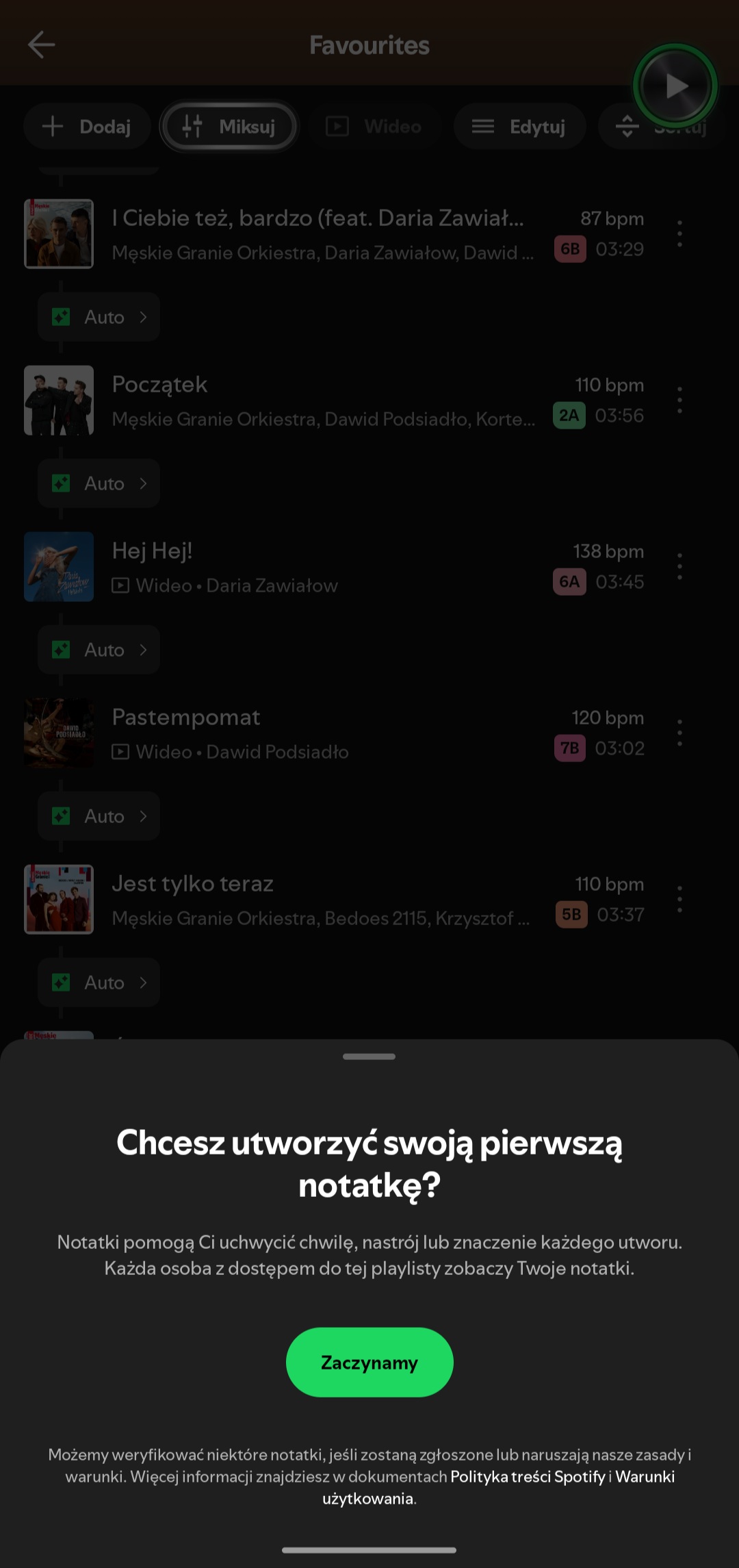 Funkcja Notatki w Spotify - jak dodać notatkę do utworu