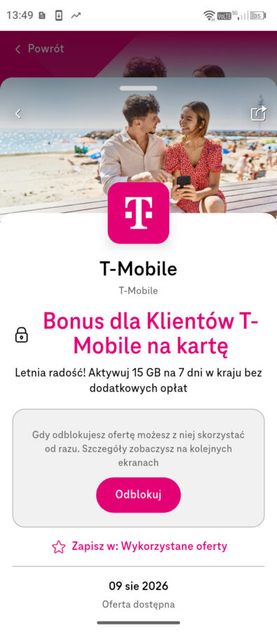 Aktywacja bonusowego pakietu 15 GB internetu w aplikacji Mój T-Mobile