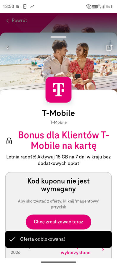 Aktywacja bonusowego pakietu 15 GB internetu w aplikacji Mój T-Mobile