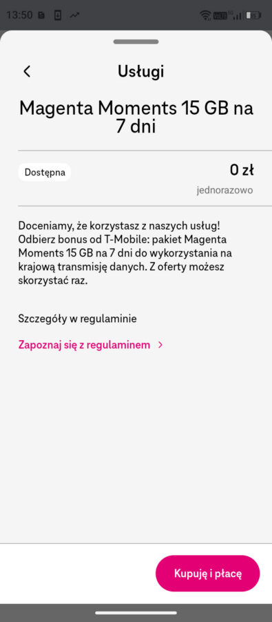 Aktywacja bonusowego pakietu 15 GB internetu w aplikacji Mój T-Mobile