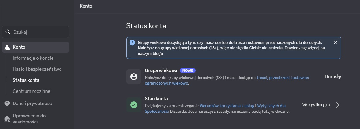 Status konta w Discord