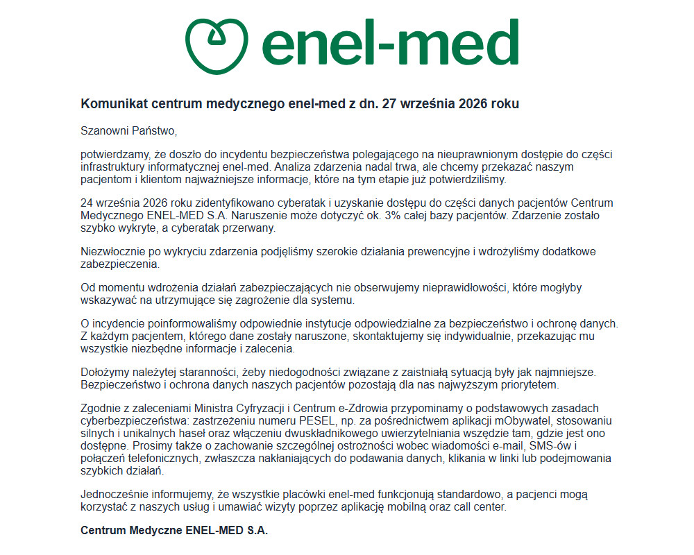 Komunikat centrum medycznego enel-med z dn. 27 września 2026 roku