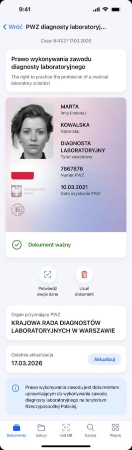 prawo wykonywania zawodu diagnosty laboratoryjnego w aplikacji mobywatel
