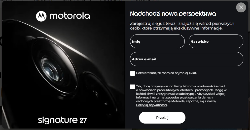 Zapowiedź premiery smartfona Motorola Signature 27 na polskiej stronie marki