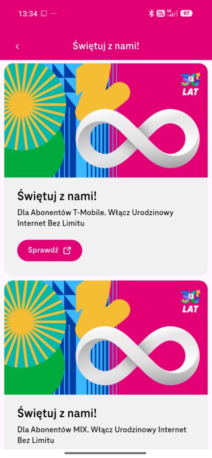 T-Mobile 30 urodziny internet bez limitu za darmo