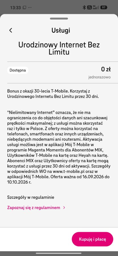 T-Mobile 30 urodziny internet bez limitu za darmo