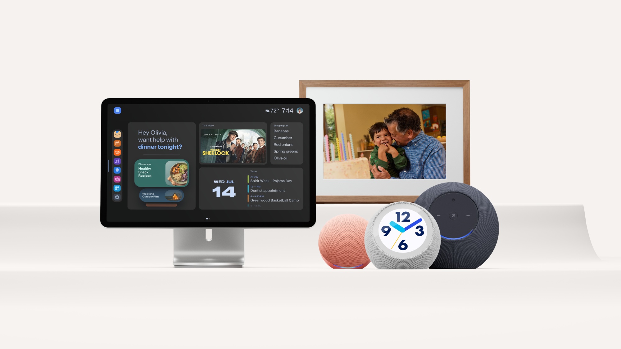 Amazon Echo Show 16, Aleza Photo Frame, Echo Dot, Echo Studio i Echo Time