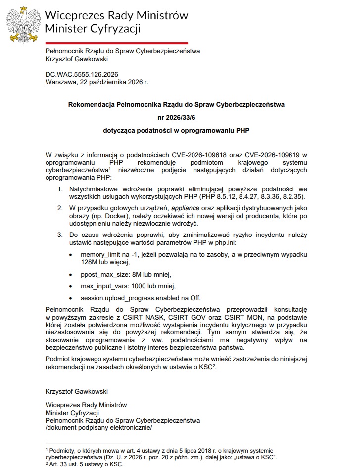 luki w oprogramowaniu php zalecane działania przez ministerstwo cyfryzacji