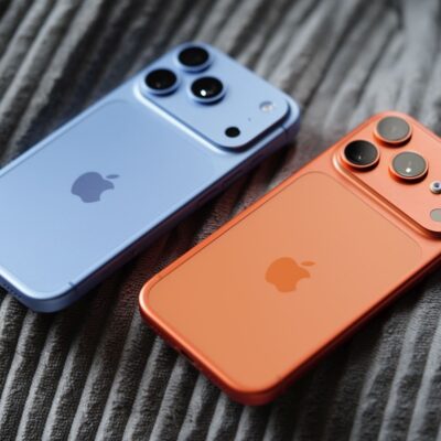 iPhone 18 Pro (niebieski) i iPhone 17 Pro (pomarańczowy)
