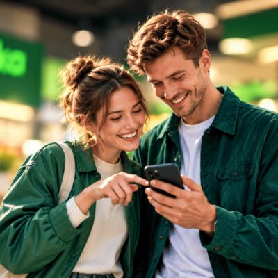 ludzie w sklepie żabka patrzą na smartfon z aplikacją żappka